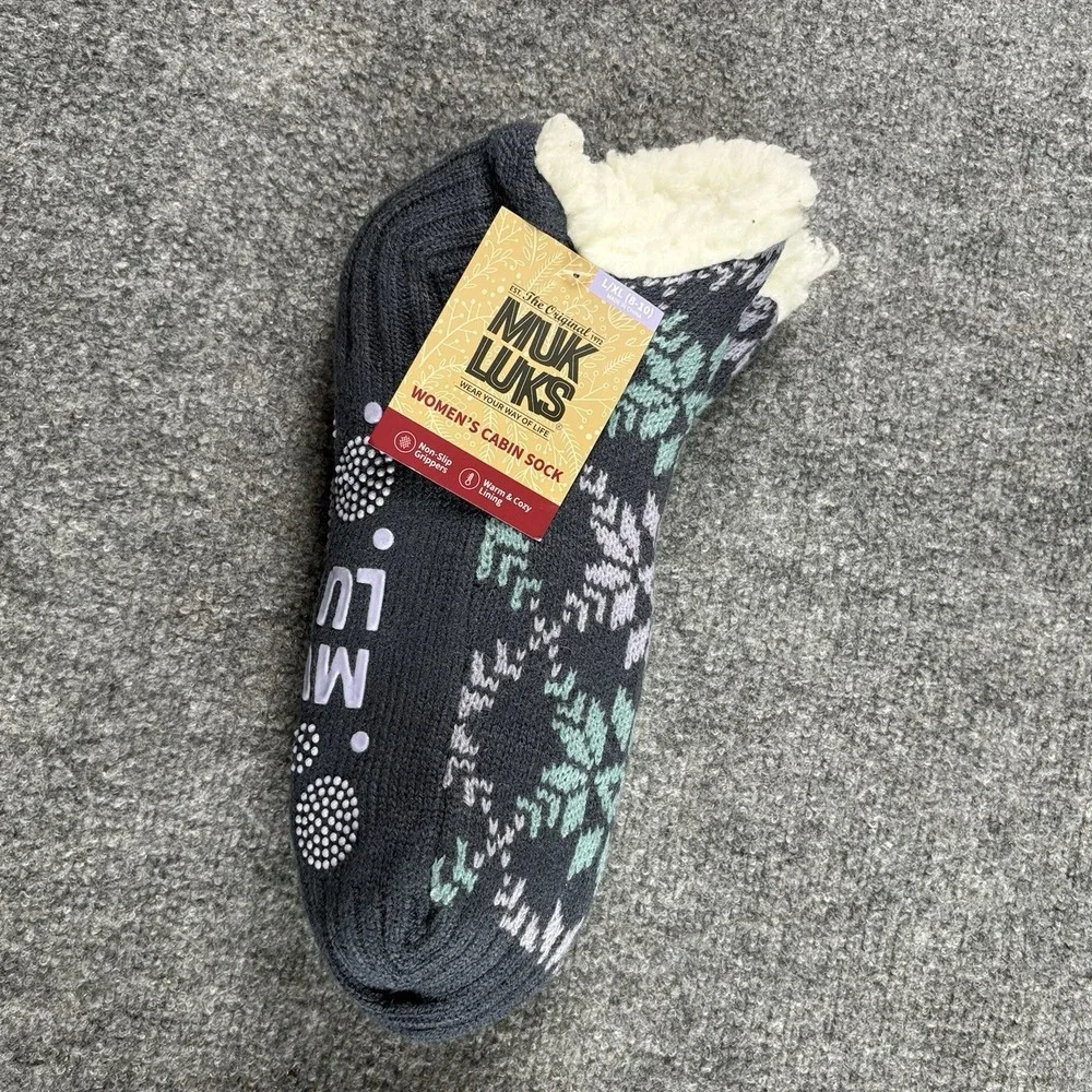 Muk Luks Cabin Socks Women's L/XL Blue‎ Combo Fair Isle Sherpa Gripper Slipper